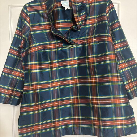 Tuckernuck Devon Baer SILK Stewart Plaid Top 3/4 sleeve ruffle collar Medium - Picture 3 of 5